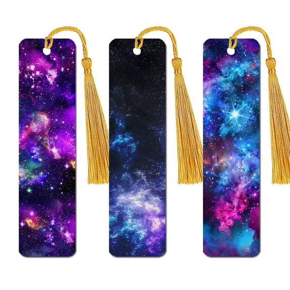 WIRESTER Set 3pcs Rectangle Metal Bookmarks With Light Gold Tassels for Book Lovers, Page Markers for Students Teachers Reading - Purple Nebula Galaxy Space Set