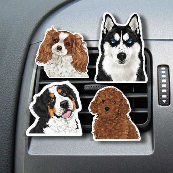WIRESTER Set of 4pcs Car Air Freshener Fragrance Vent Clip Interior Decoration for Cars with Lemon Scented Pad - Black Siberian Husky, Brown Toy Poodle Bernese Mountain, Charles Spaniels Dog