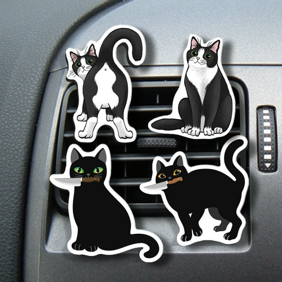 WIRESTER Set of 4pcs Car Air Freshener Fragrance Vent Clip Interior Decoration for Cars with Lemon Scented Pad - Playful Postures Tuxedo Cat & Black Cats With Knife