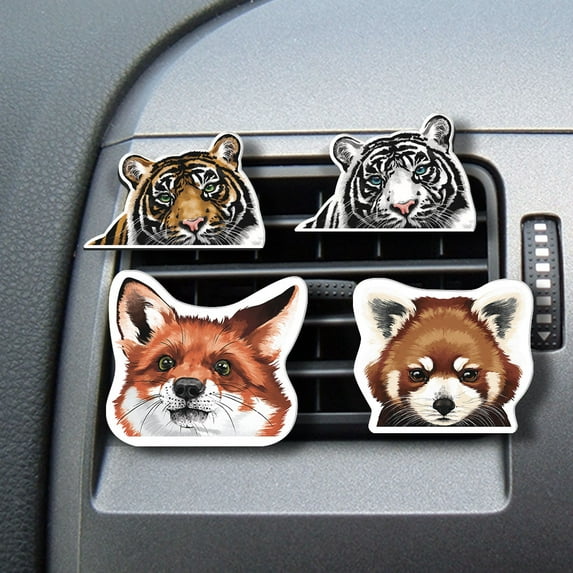 WIRESTER Set of 4pcs Car Air Freshener Fragrance Vent Clip Interior Decoration for Cars with Lemon Scented Pad - Tiger & Black White Tiger & Red Fox & Red Panda