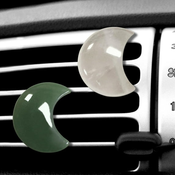 WIRESTER Set of 2pcs Crystal Moon Shaped Natural Gemstone Car Vent Clip Interior Decoration for Cars - Clear Quartz & Green Aventurine