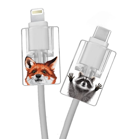 WIRESTER Set of 2pcs Headcover Cable Header USB Cable Protectors for Apple iPhone Cable & Other Cell Phone Cable - Red Fox & Raccoon Hands Out