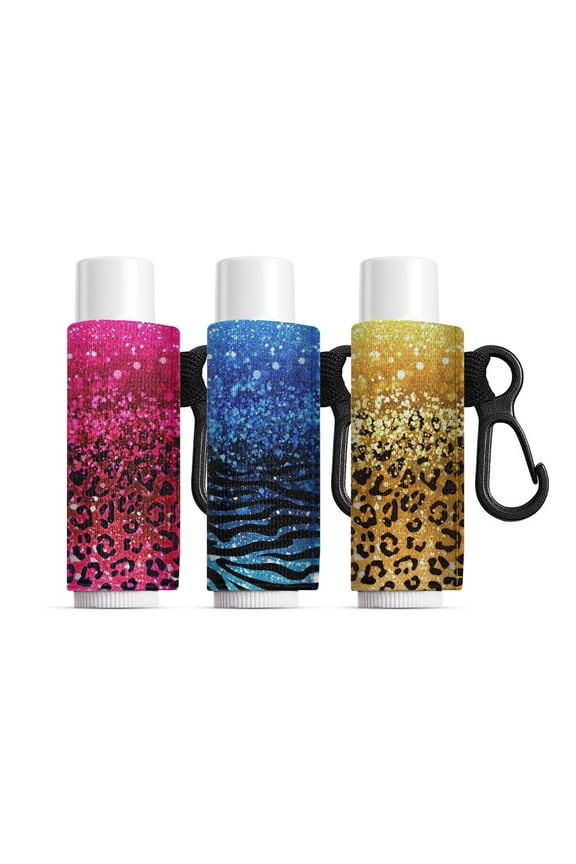 Set of 3pcs Chapstick Holder Keychain, Elastic Lip Balm Holder Sleeves for Women - Glitter Sparkle With Glitter Leopard Glitter Zebra
