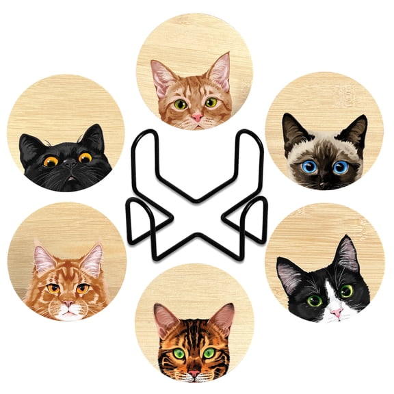 WIRESTER Set of 6pcs 3.93" Round Bamboo Coasters with Black Metal Holder, Coasters for Drinks Cup Desk Coffee Table Office Kitchen Dcor - Cat Faces
