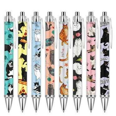 WIRESTER Set of 8pcs Retractable Black Ballpoint Pens, Writing Pens Black Ink Fancy Pens Retractable Pens - Cat Playful Postures