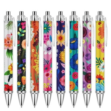 WIRESTER Set of 8pcs Retractable Black Ballpoint Pens, Writing Pens Black Ink Fancy Pens Retractable Pens - Flower Pattern