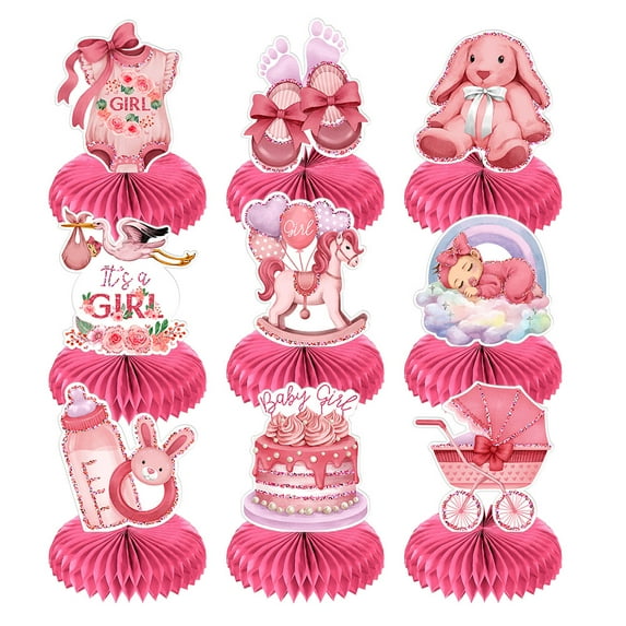 WIRESTER Set of 9 Pink Glitter Baby Girl Honeycomb Centerpieces – Table Top Party Decorations & Favors