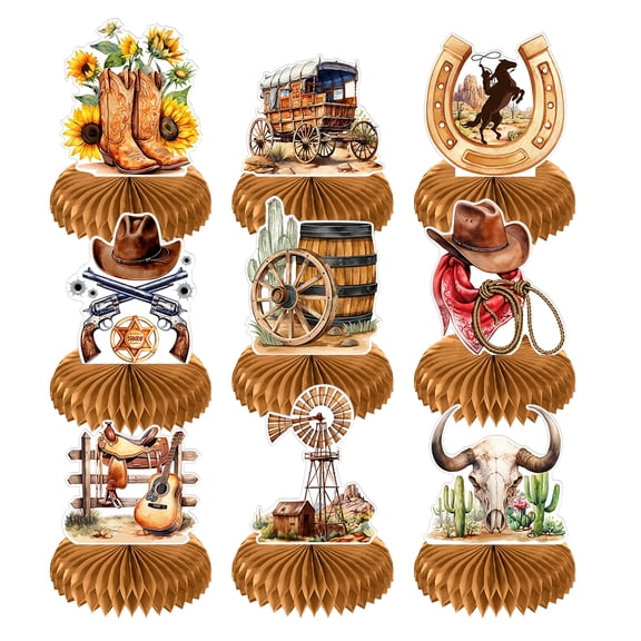 WIRESTER Set of 9 Western Cowboy Honeycomb Centerpieces – Table Top Party Decorations & Favors
