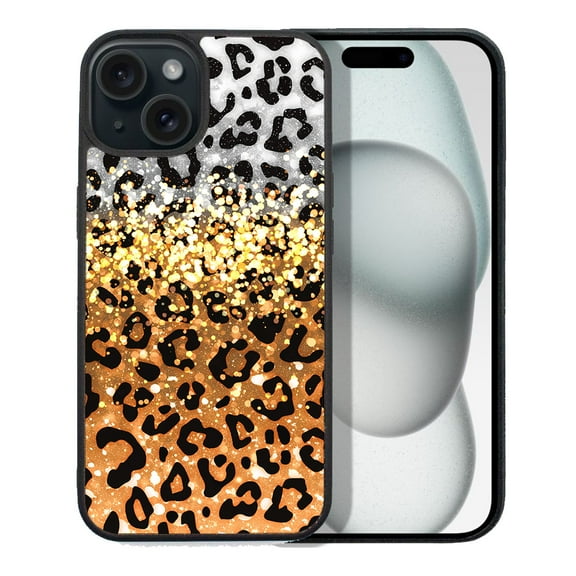 WIRESTER Shockproof Soft Rubber Cover Case for Apple iPhone 15 6.1" 2023 (NOT FIT Apple iPhone 15 Plus 6.7" 2023), Yellow Glitter Black/White Leopard & Black/Yellow Leopard