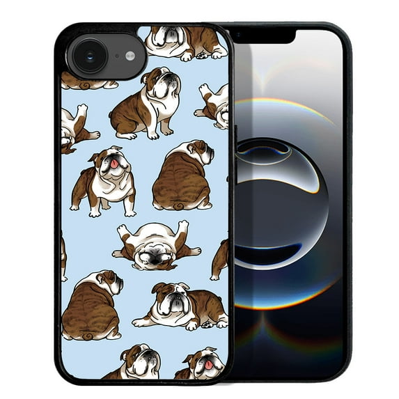 WIRESTER Shockproof Soft Rubber Cover Case for Apple iPhone 16e 6.1" 2025, Brindle Brown English Bulldog Funny Playful Postures On Light Blue Background