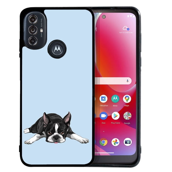 WIRESTER Shockproof Soft Rubber Cover Case for Motorola Moto G Power 2022 / G Pure 2021 6.5", Boston Terrier Dog Lying Down Looking Up On Light Blue Background