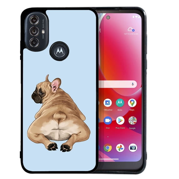 WIRESTER Shockproof Soft Rubber Cover Case for Motorola Moto G Power 2022 / G Pure 2021 6.5", French Bulldog Butt Looking Back On Light Blue Background