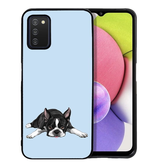 WIRESTER Shockproof Soft Rubber Cover Case for Samsung Galaxy A03S 4G LTE (Not 5G) 6.5" 2021, Boston Terrier Dog Lying Down Looking Up On Light Blue Background