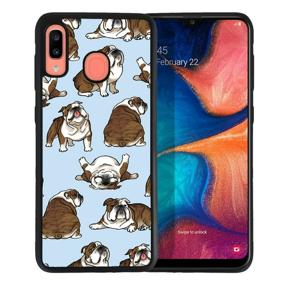 WIRESTER Shockproof Soft Rubber Cover Case for Samsung Galaxy A20 / A30 6.4" 2019, Brindle Brown English Bulldog Funny Playful Postures On Light Blue Background