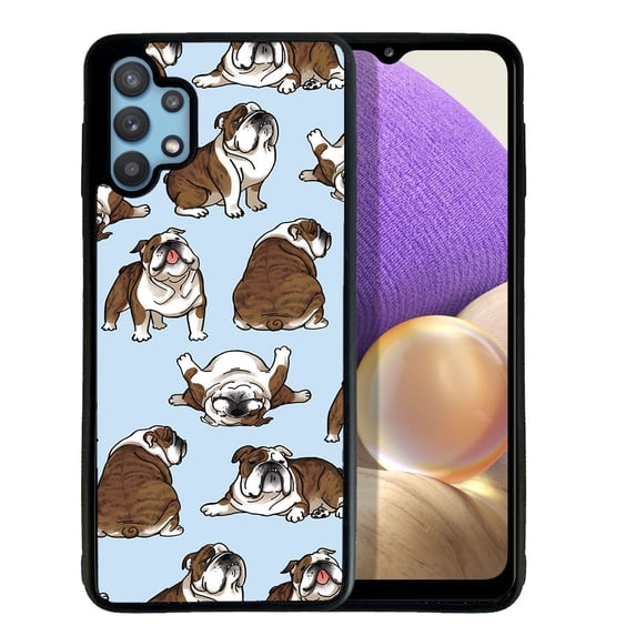 WIRESTER Shockproof Soft Rubber Cover Case for Samsung Galaxy A32 5G 6.5" 2021, Brindle Brown English Bulldog Funny Playful Postures On Light Blue Background