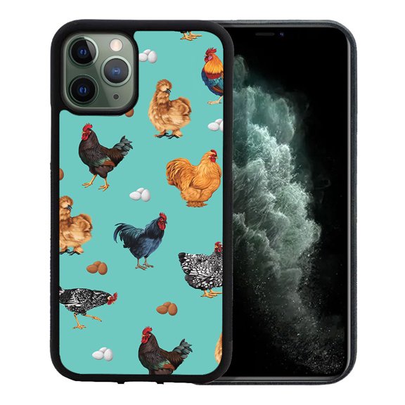 WIRESTER Shockproof Soft Rubber Cover Case for Apple iPhone 11 Pro 5.8" 2019, Barnyard Chicken Roosters Teal Background