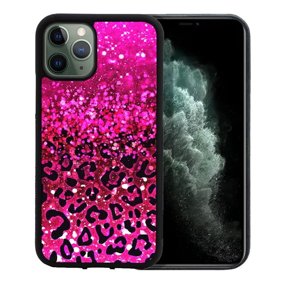 WIRESTER Shockproof Soft Rubber Cover Case for Apple iPhone 11 Pro 5.8" 2019, Hot Pink Glitter Sparkle With Black Pink Glitter Leopard