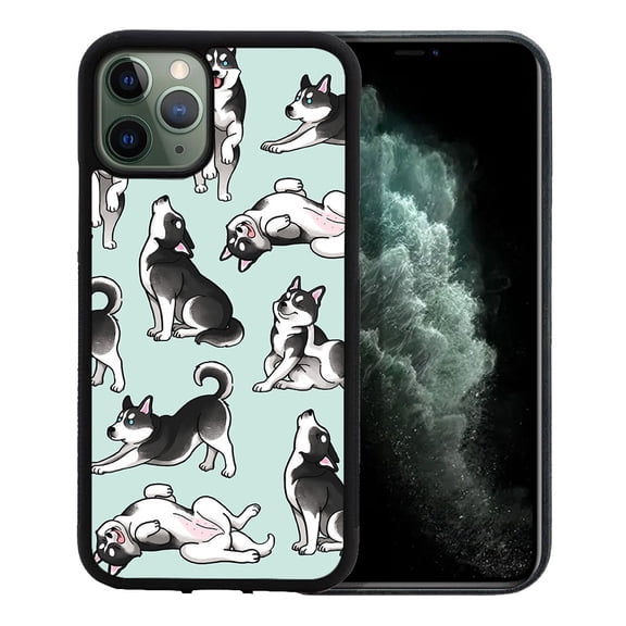 WIRESTER Shockproof Soft Rubber Cover Case for Apple iPhone 11 Pro 5.8" 2019, Siberian Husky Funny Playful Postures On Aero Blue Background