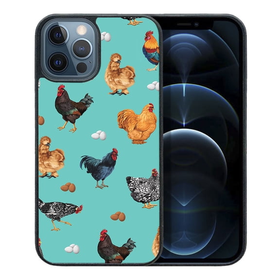 WIRESTER Shockproof Soft Rubber Cover Case for Apple iPhone 12 Pro Max 6.7" 2020, Barnyard Chicken Roosters Teal Background