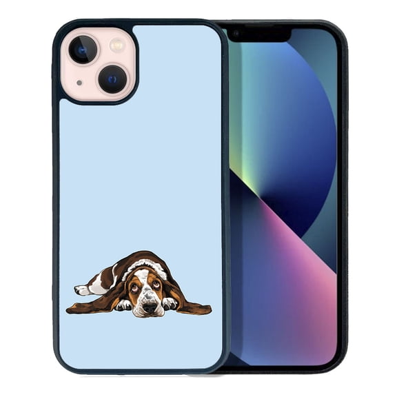WIRESTER Shockproof Soft Rubber Cover Case for Apple iPhone 13 6.1" 2021, Basset Hound Dog Lying Down Looking Up On Light Blue Background