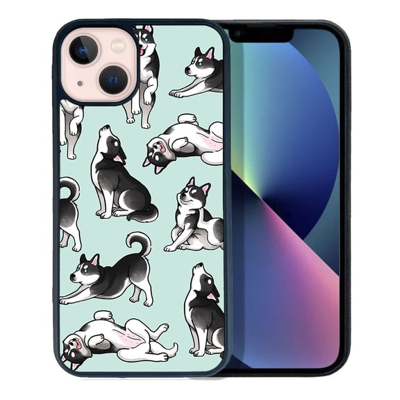WIRESTER Shockproof Soft Rubber Cover Case for Apple iPhone 13 6.1" 2021, Siberian Husky Funny Playful Postures On Aero Blue Background