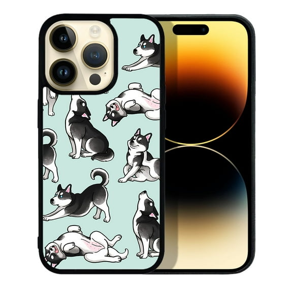 WIRESTER Shockproof Soft Rubber Cover Case for Apple iPhone 14 Pro Max 6.7" 2022, Siberian Husky Funny Playful Postures On Aero Blue Background