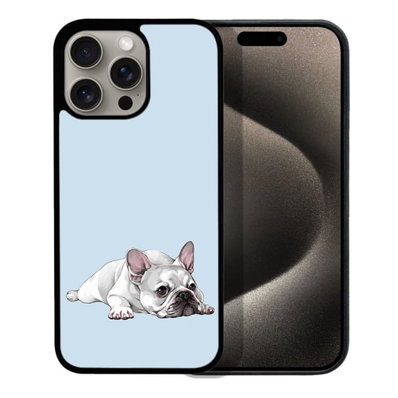 WIRESTER Shockproof Soft Rubber Cover Case for Apple iPhone 15 Pro 6.1" 2023, French Bulldog Dog Lying Down Looking Up On Pale Aqua Background
