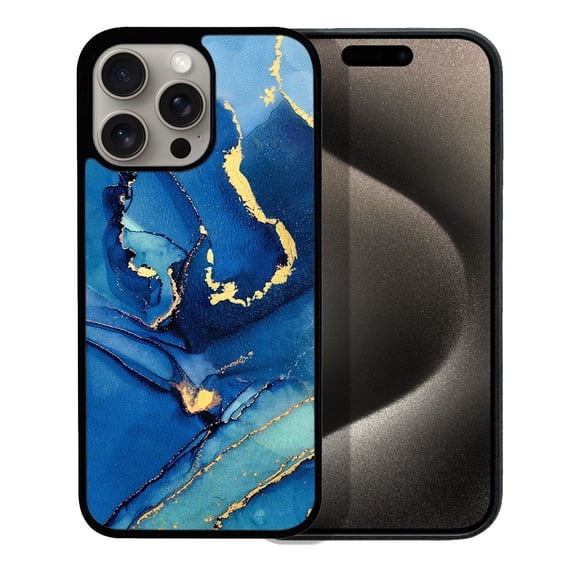 WIRESTER Shockproof Soft Rubber Cover Case for Apple iPhone 15 Pro 6.1" 2023, Marble Gold And Blue