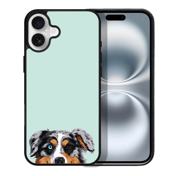 WIRESTER Shockproof Soft Rubber Cover Case for Apple iPhone 16 6.1" 2024, Animal Merle Aussie Australian Shepherd Dog On Aero Blue Background