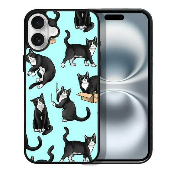 WIRESTER Shockproof Soft Rubber Cover Case for Apple iPhone 16 6.1" 2024, Black White Tuxedo Cat Playful Postures On Teal