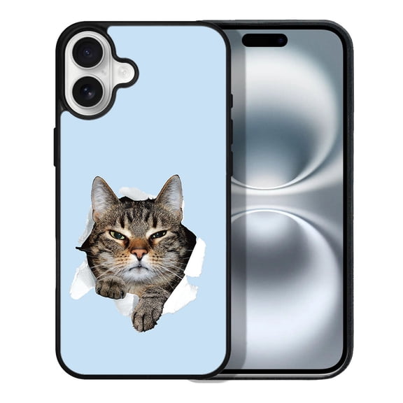 WIRESTER Shockproof Soft Rubber Cover Case for Apple iPhone 16 6.1" 2024, Brown Tabby Cat Spying On Light Blue Background