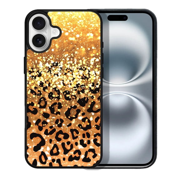 WIRESTER Shockproof Soft Rubber Cover Case for Apple iPhone 16 6.1" 2024, Gold Glitter Sparkle With Black Yellow Glitter Leopard