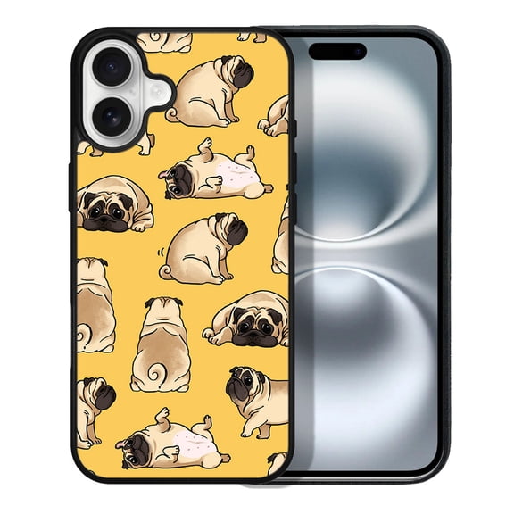 WIRESTER Shockproof Soft Rubber Cover Case for Apple iPhone 16 6.1" 2024, Pug Funny Playful Postures