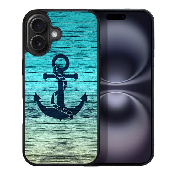 WIRESTER Shockproof Soft Rubber Cover Case for Apple iPhone 16 Plus 6.7" 2024, Blue Anchor Wood-Look