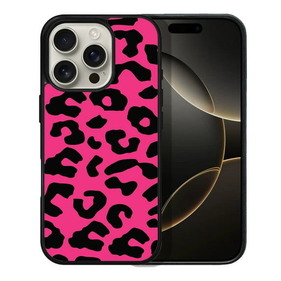 WIRESTER Shockproof Soft Rubber Cover Case for Apple iPhone 16 Pro 6.3" 2024, Black/Hot Pink Leopard