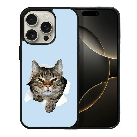 WIRESTER Shockproof Soft Rubber Cover Case for Apple iPhone 16 Pro 6.3" 2024, Brown Tabby Cat Spying On Light Blue Background
