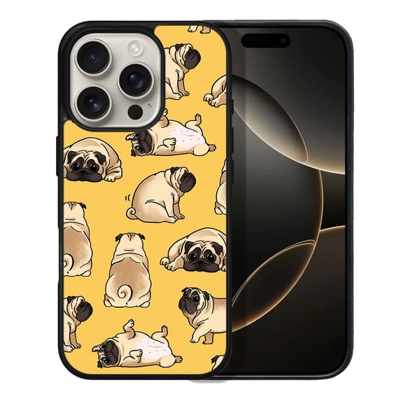 WIRESTER Shockproof Soft Rubber Cover Case for Apple iPhone 16 Pro 6.3" 2024, Pug Funny Playful Postures
