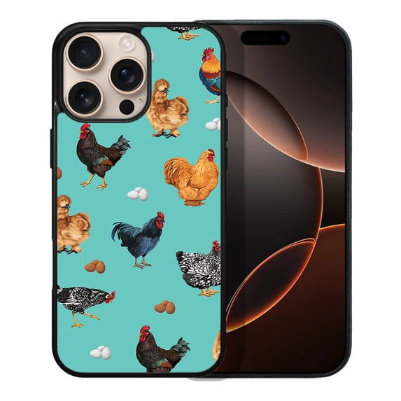 WIRESTER Shockproof Soft Rubber Cover Case for Apple iPhone 16 Pro Max 6.9" 2024, Barnyard Chicken Roosters Teal Background
