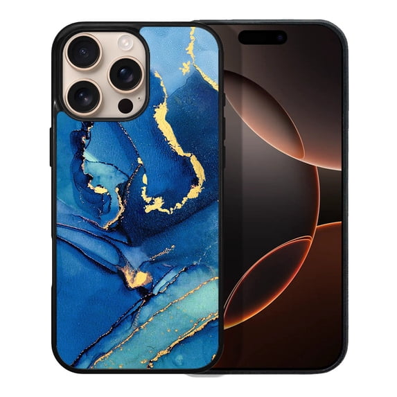 WIRESTER Shockproof Soft Rubber Cover Case for Apple iPhone 16 Pro Max 6.9" 2024, Marble Gold And Blue
