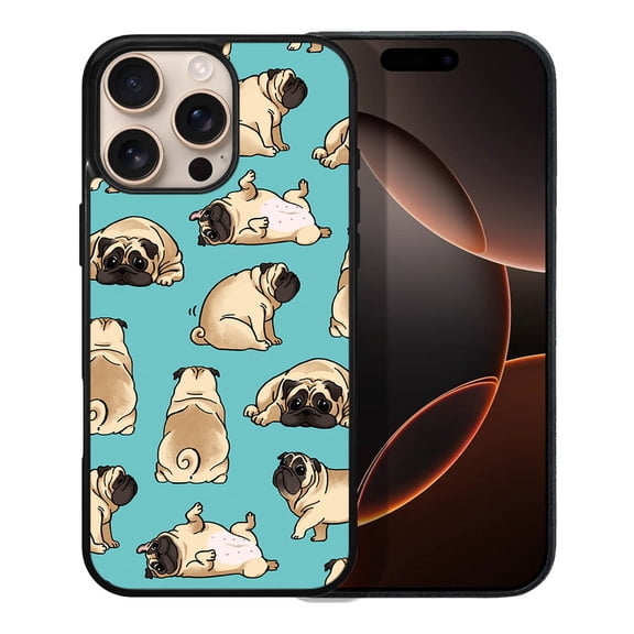 WIRESTER Shockproof Soft Rubber Cover Case for Apple iPhone 16 Pro Max 6.9" 2024, Pug Funny Playful Postures Teal