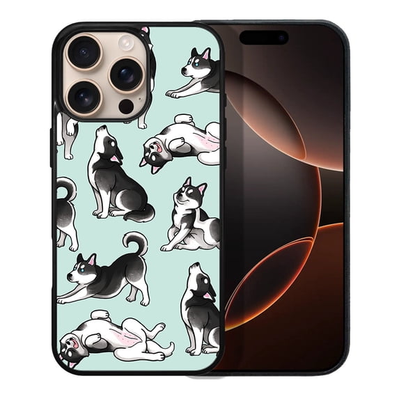 WIRESTER Shockproof Soft Rubber Cover Case for Apple iPhone 16 Pro Max 6.9" 2024, Siberian Husky Funny Playful Postures On Aero Blue Background
