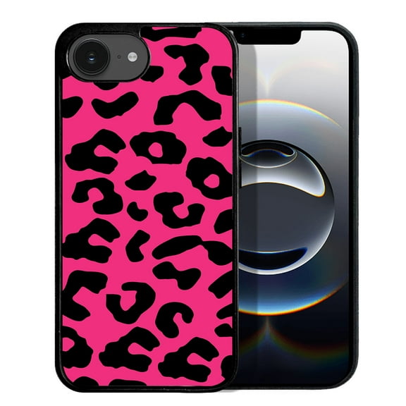 WIRESTER Shockproof Soft Rubber Cover Case for Apple iPhone 16e 6.1" 2025, Black/Hot Pink Leopard
