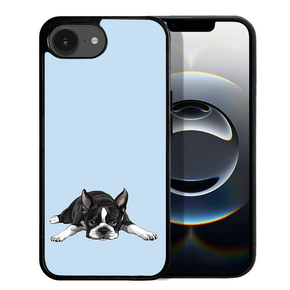 WIRESTER Shockproof Soft Rubber Cover Case for Apple iPhone 16e 6.1" 2025, Boston Terrier Dog Lying Down Looking Up On Light Blue Background