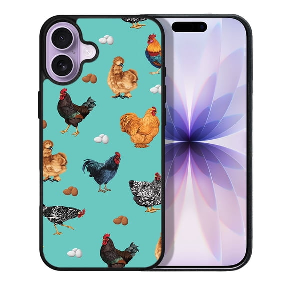 WIRESTER Shockproof Soft Rubber Cover Case for Apple iPhone 17 6.3" 2025, Barnyard Chicken Roosters Teal Background