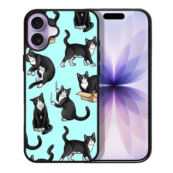 WIRESTER Shockproof Soft Rubber Cover Case for Apple iPhone 17 6.3" 2025, Black White Tuxedo Cat Playful Postures On Teal