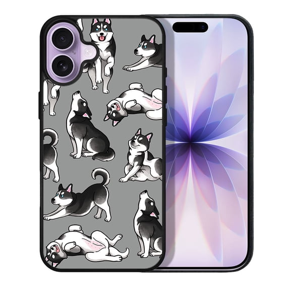 WIRESTER Shockproof Soft Rubber Cover Case for Apple iPhone 17 6.3" 2025, Siberian Husky Funny Playful Postures On Gray
