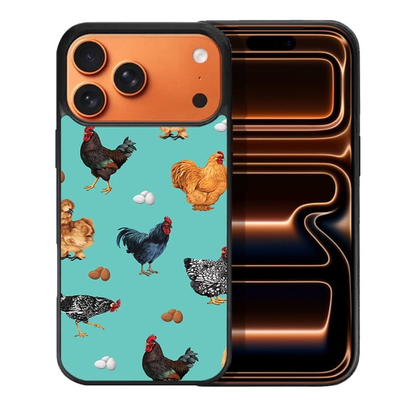 WIRESTER Shockproof Soft Rubber Cover Case for Apple iPhone 17 Pro Max 6.9" 2025, Barnyard Chicken Roosters Teal Background
