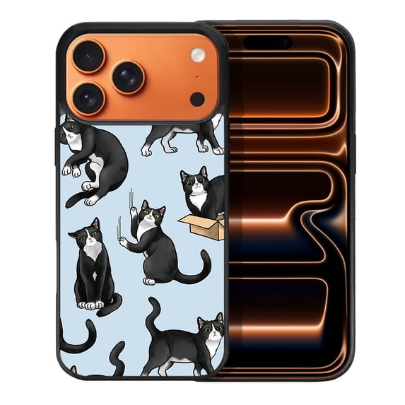WIRESTER Shockproof Soft Rubber Cover Case for Apple iPhone 17 Pro Max 6.9" 2025, Black White Tuxedo Cat Playful Postures On Pale Aqua Background