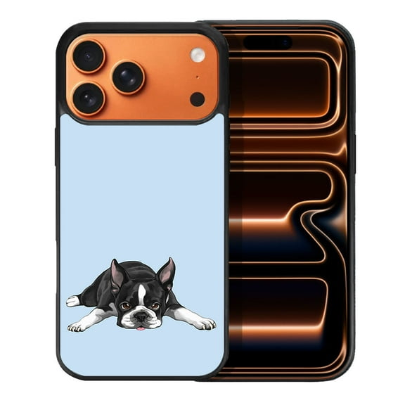 WIRESTER Shockproof Soft Rubber Cover Case for Apple iPhone 17 Pro Max 6.9" 2025, Boston Terrier Dog Lying Down Looking Up On Light Blue Background