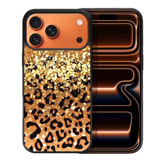 WIRESTER Shockproof Soft Rubber Cover Case for Apple iPhone 17 Pro Max 6.9" 2025, Gold Glitter Sparkle With Black Yellow Glitter Leopard